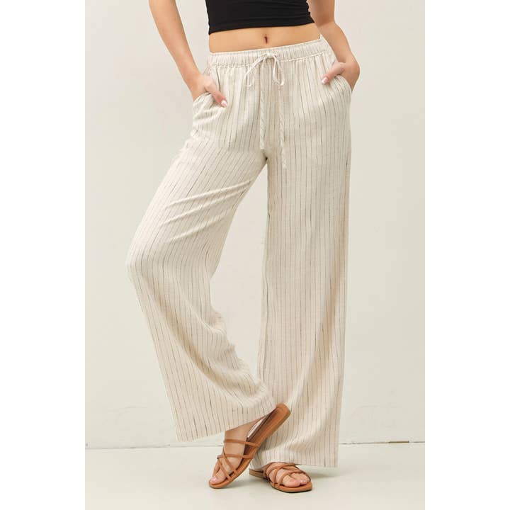 Be Cool Linen Blend Wide Leg Drawstring Pants in Tan Stripe - Little Miss Muffin Children & Home