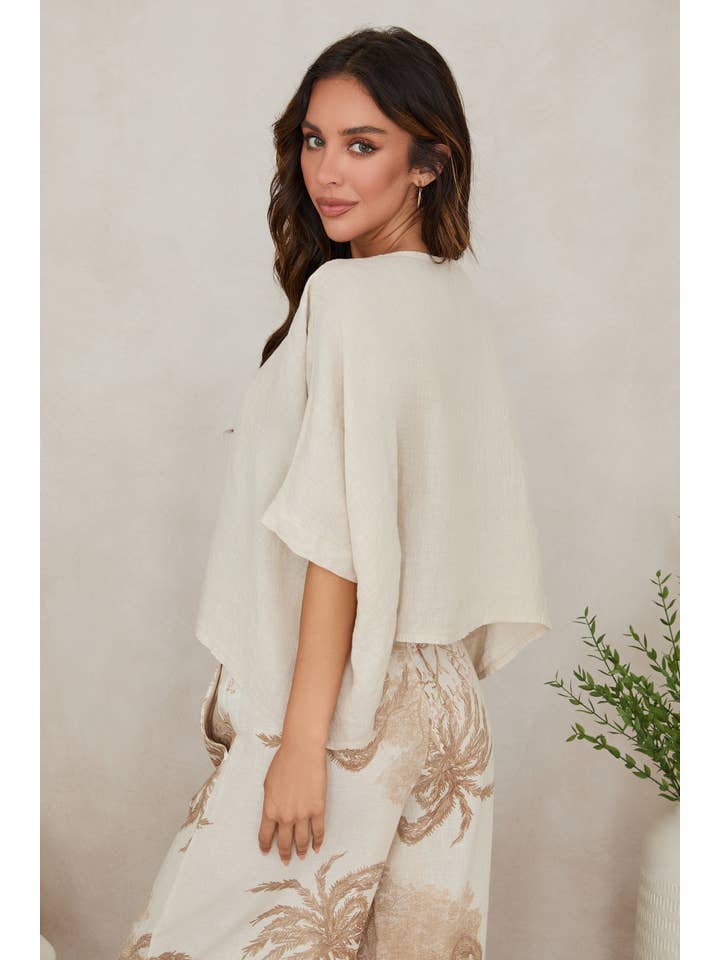 Linen Dolman Sleeve V-Neck Crop Top in Beige