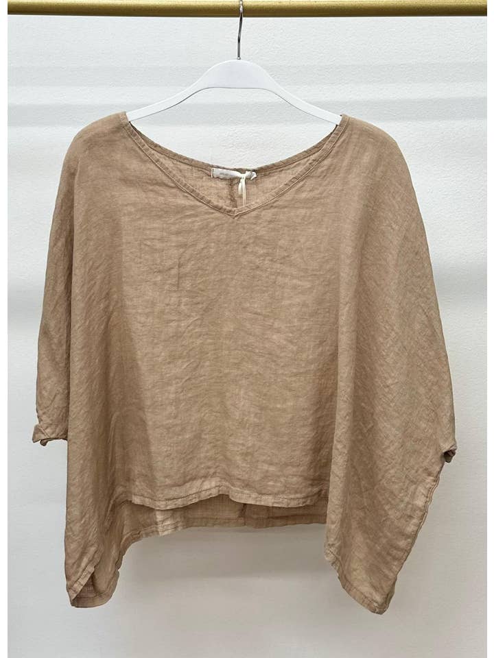 Linen Dolman Sleeve V-Neck Crop Top in Camel