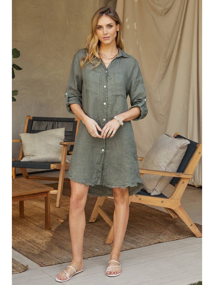 Linen Long Sleeve Button Down Mid-Length Dress in Army Green
