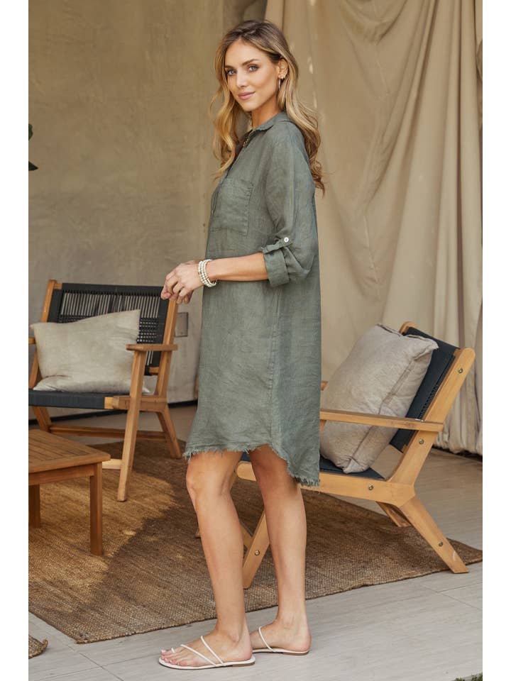 Linen Long Sleeve Button Down Mid-Length Dress in Army Green
