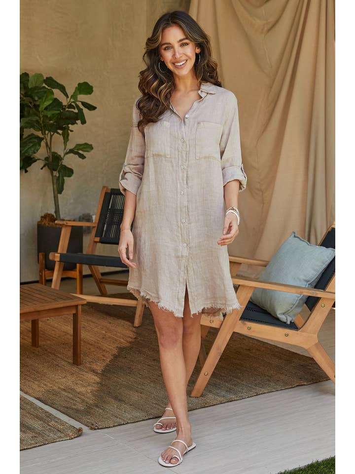 italian linen dress Milio Milano Midi in Beige Chic Bridals Alie Street Annie Dress adjustable spaghetti straps Color:Navy Pinstripe