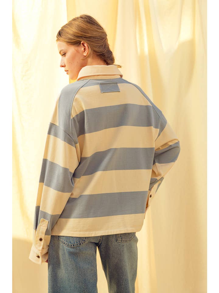 Long Sleeve Striped Oversized Polo in Light Blue/Beige