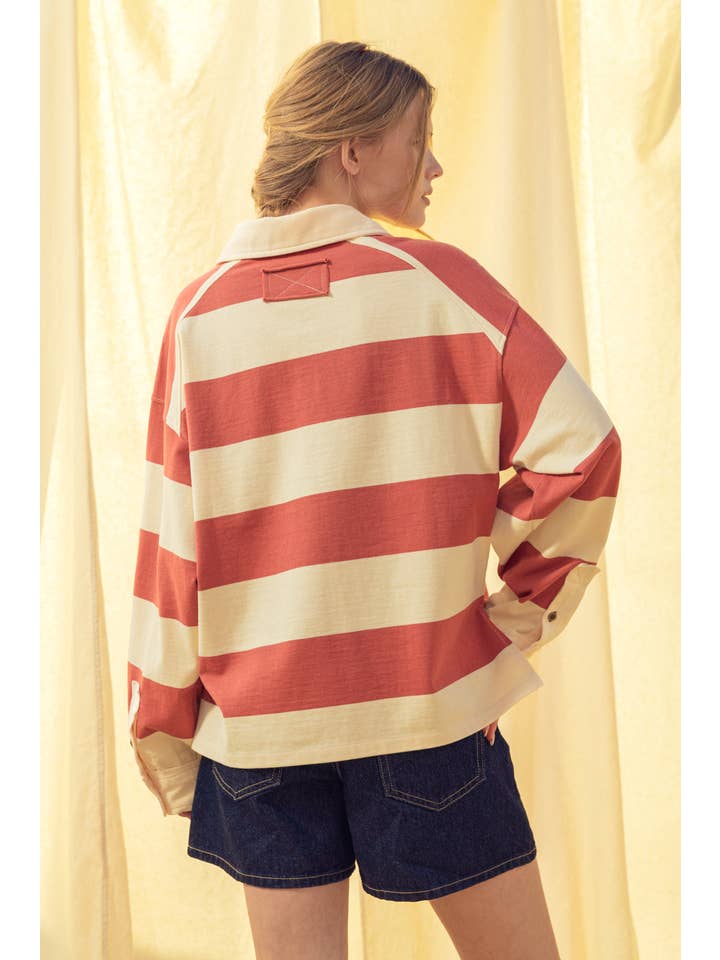 Long Sleeve Striped Oversized Polo in Pink/Beige