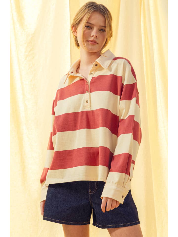 Long Sleeve Striped Oversized Polo in Pink/Beige