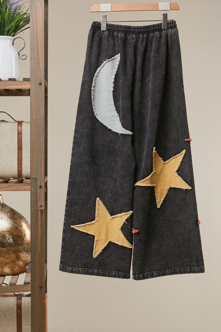 Mello. Women's Black Washed Celestial Patchwork Wide Leg Knit Pants