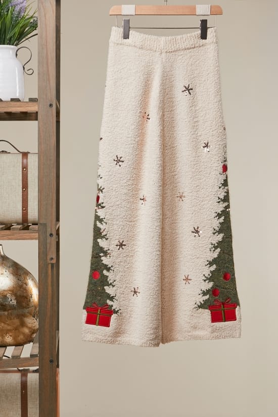 Ivory Christmas Tree Wide-Leg Sweater Pants