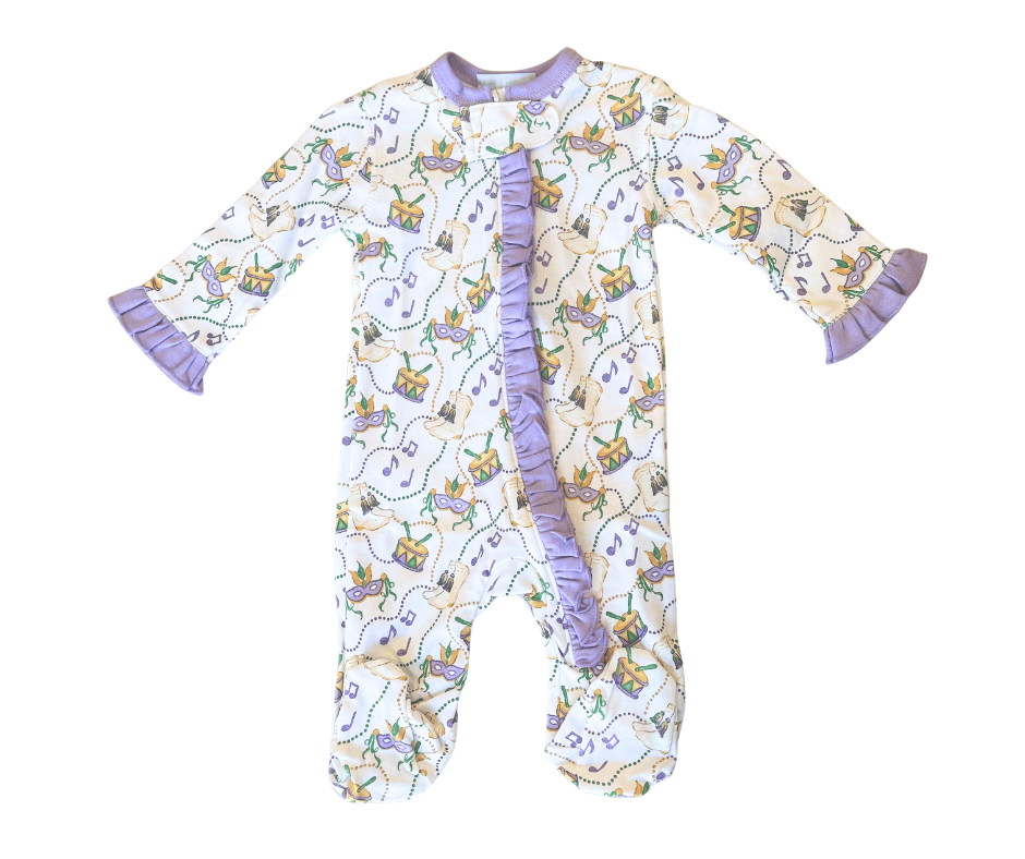Mardi Gras Drums Pima Girl Footies with ruffles