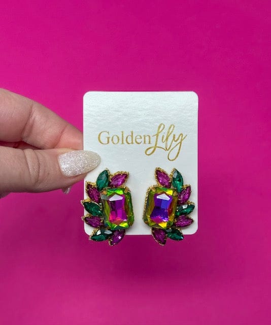 Mardi Gras Iridescent Fan Stud Earrings