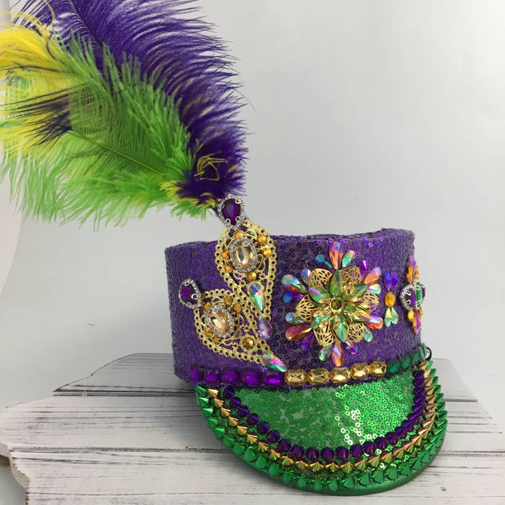 Mardi Gras Jeweled Sequin Marching Hat with Feather