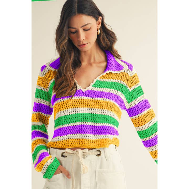 Mardi Gras Open Collar Striped Sweater
