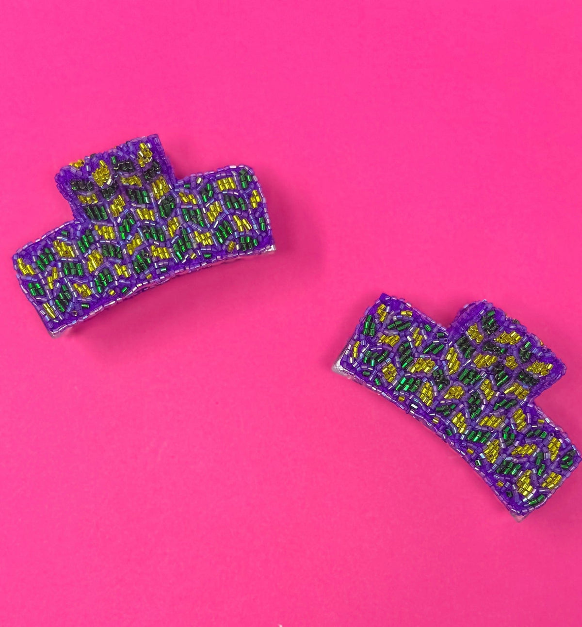 Mardi Gras Seed Bead on Purple Square Claw Clip