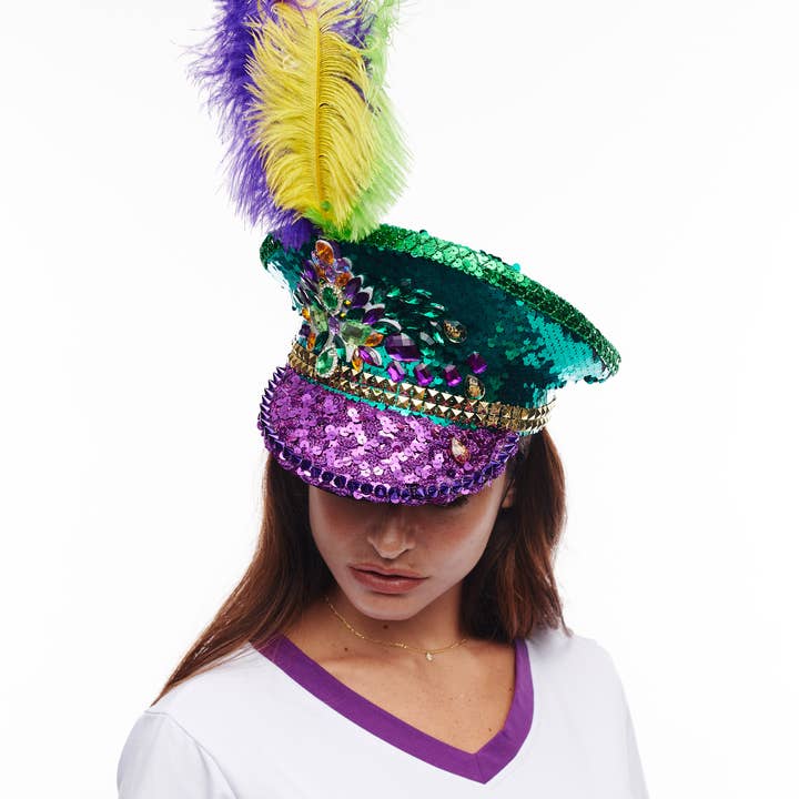 Mardi Gras Sequin Jeweled Captain's Hat with Feather