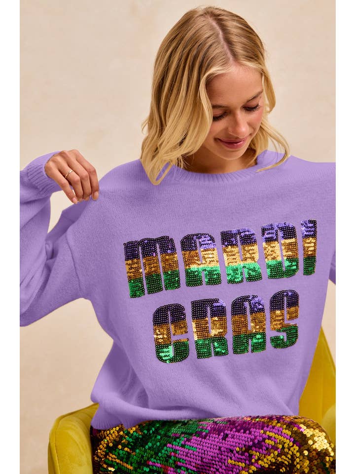 Mardi Gras Sequin Lettering Knit Sweater