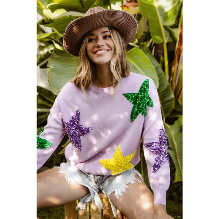 Mardi Gras Sequin Velvet Star Sweater in Lavender