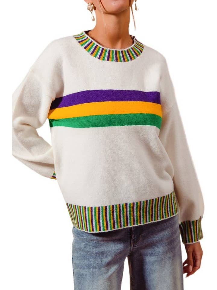 mardi gras white sweater with stripes