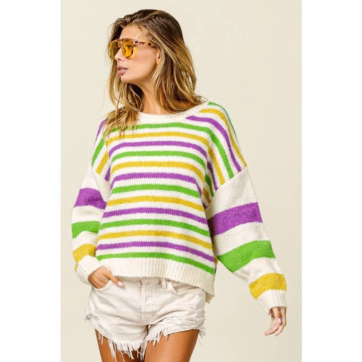 Mardi Gras Striped Oversized Comfy Sweater in Ivory Multi