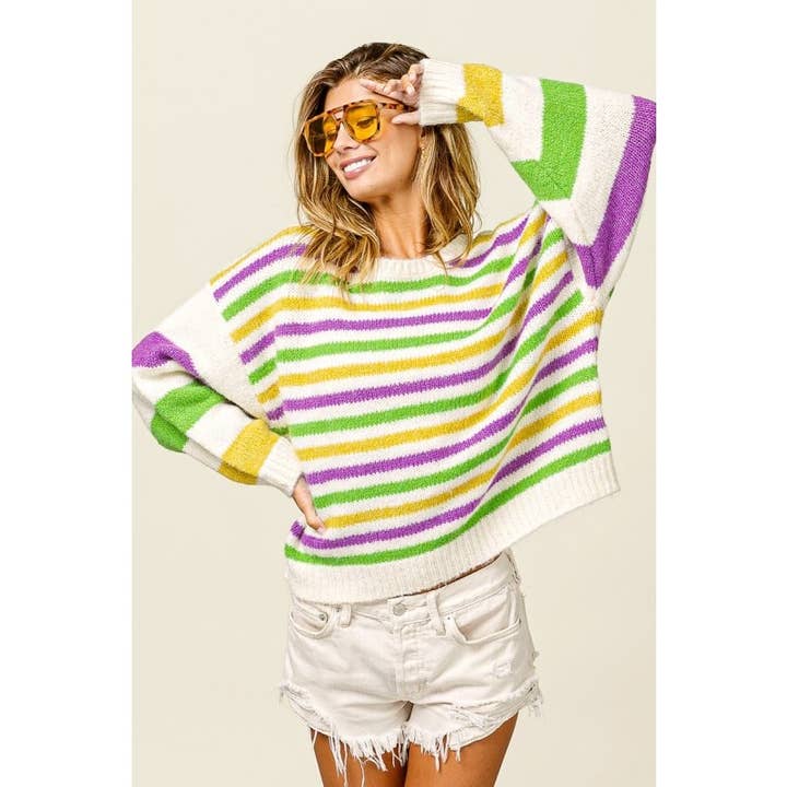 Mardi Gras Striped Oversized Comfy Sweater in Ivory Multi