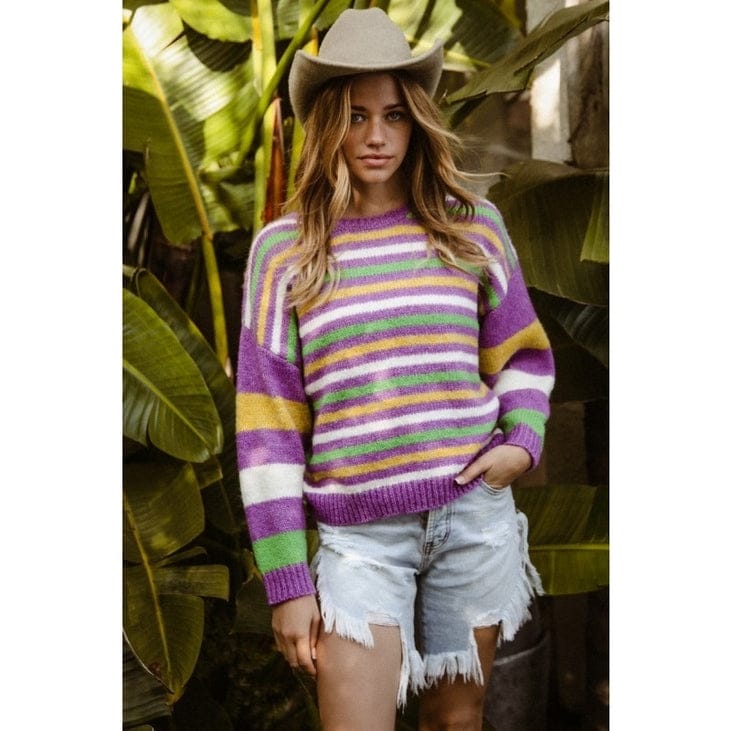Mardi Gras Striped Oversized Comfy Sweater in Purple Multi