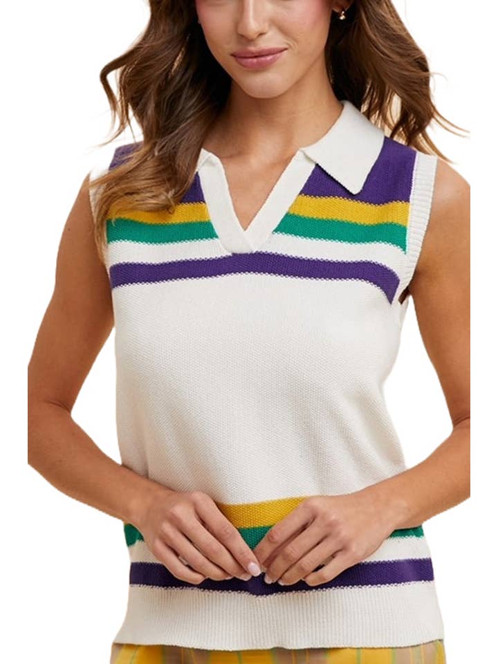 Mardi Gras Striped Sleeveless Polo Sweater