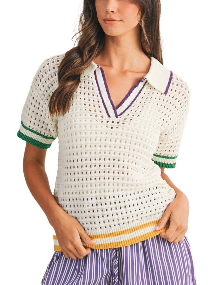 Mardi Gras Trim Open Weave V-Neck Polo Sweater