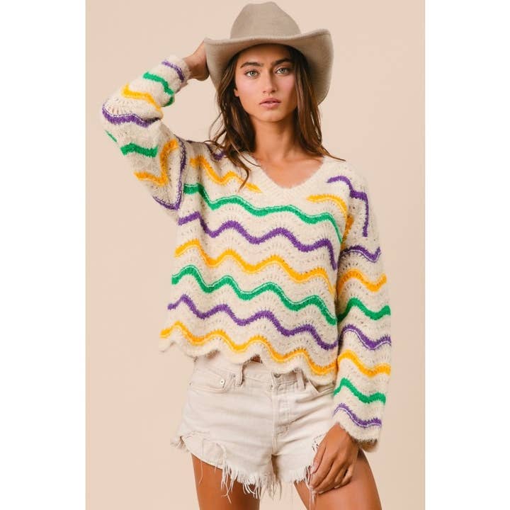 Mardi Gras Wavy Stripes V-Neck Sweater with Scalloped Hem