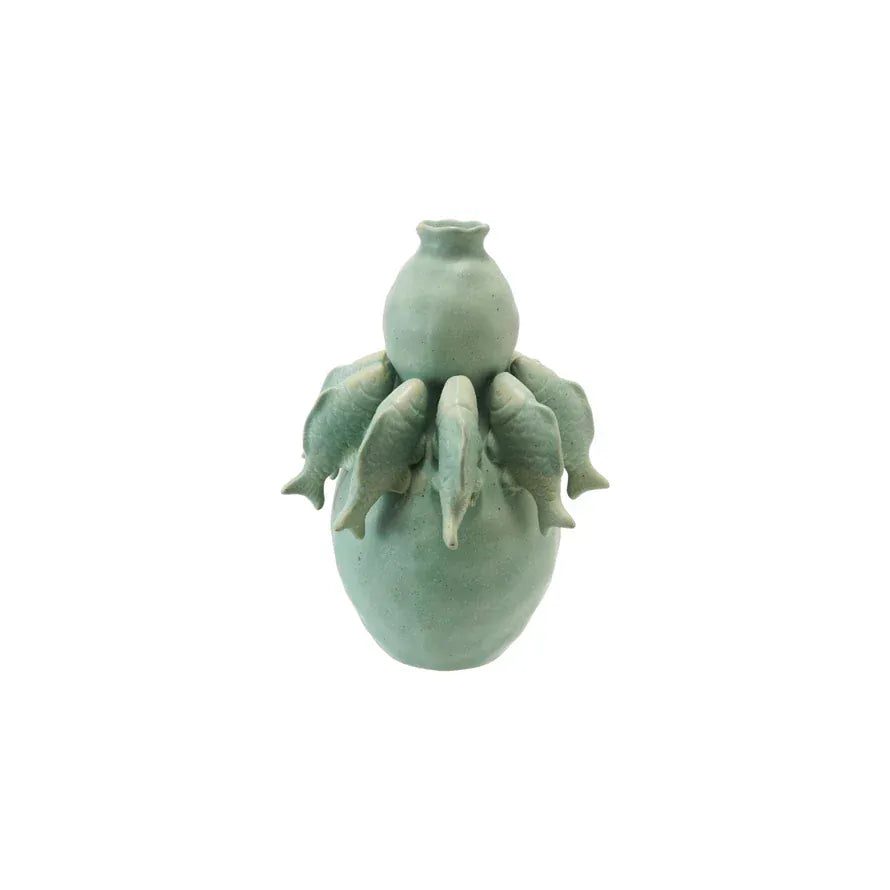 Matte Sage Green Reactive Glaze Stoneware Vase with 3D Fish