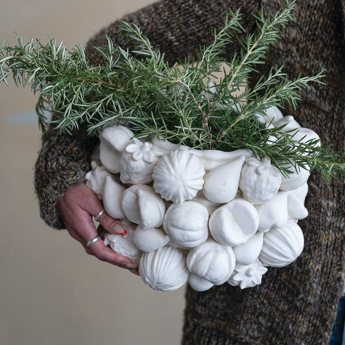 Matte White Stoneware Planter with 3D Fruit (Holds 6" Pot)