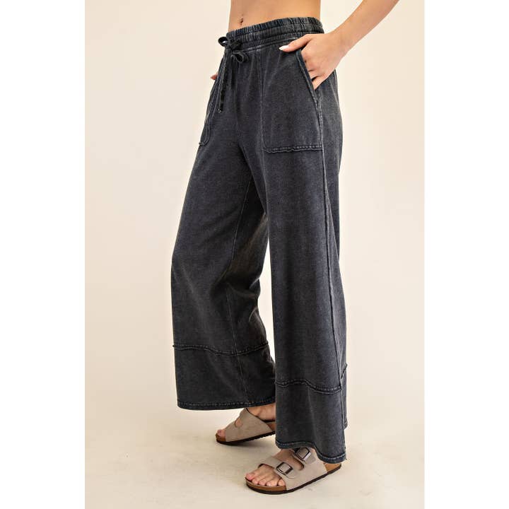 Mineral Wash Wide Leg Drawstring Pants in Black