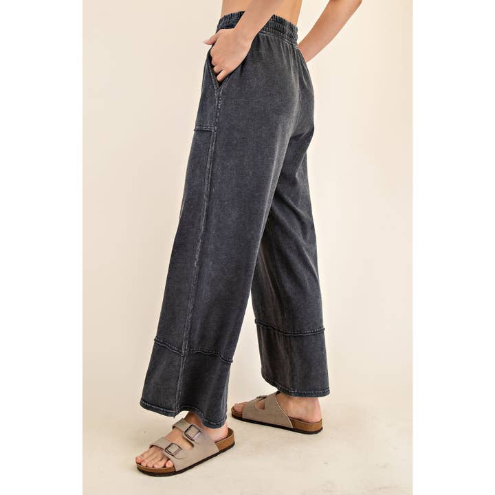 Mineral Wash Wide Leg Drawstring Pants in Black