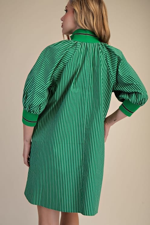 Mock Zip Neck Puff Sleeve Striped Mini Dress