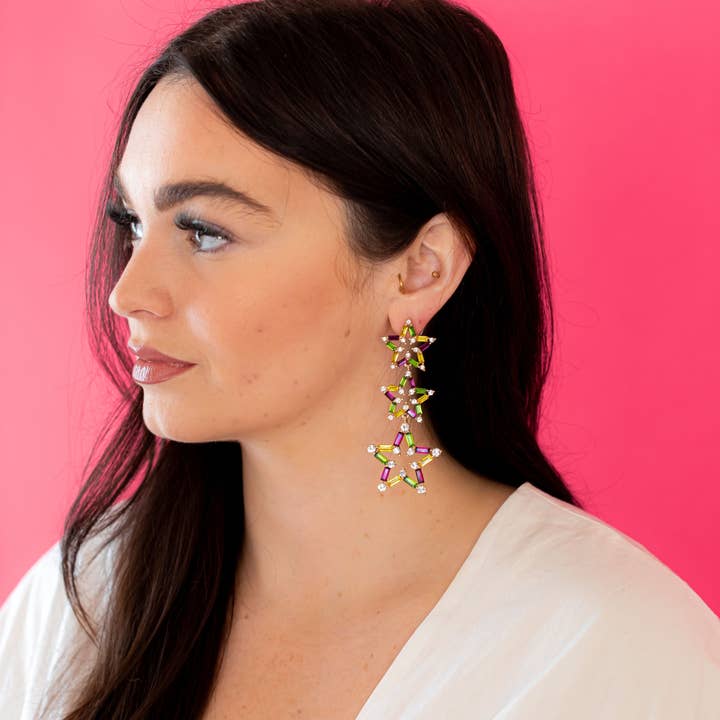 Multi Mardi Gras Triple Star Earrings