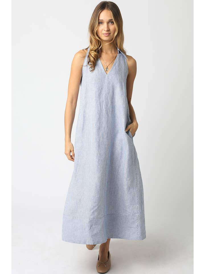 Mylee Sleeveless V-Neck Linen Collared Dress in Denim