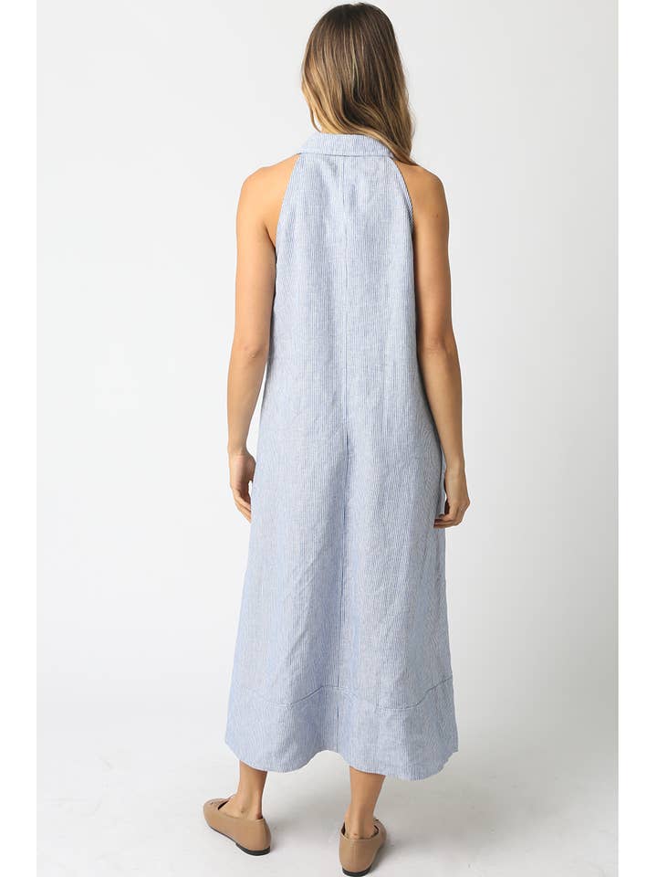 Mylee Sleeveless V-Neck Linen Collared Dress in Denim