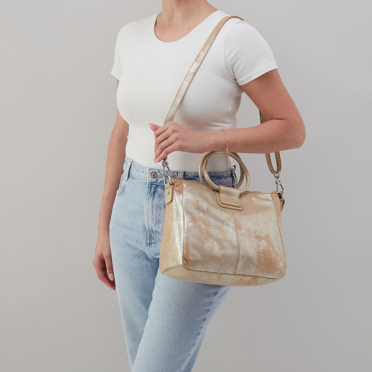 Hobo Sheila Medium Satchel In Metallic Leather Saddle Stardust - Little Miss Muffin Children & Home