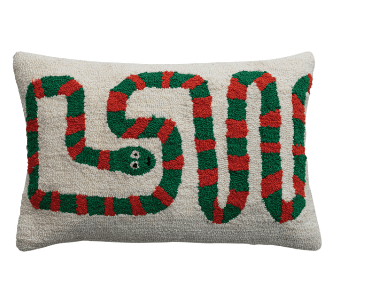 Natural Cotton Blend Tufted Lumbar Pillow with Green & Orange Snake