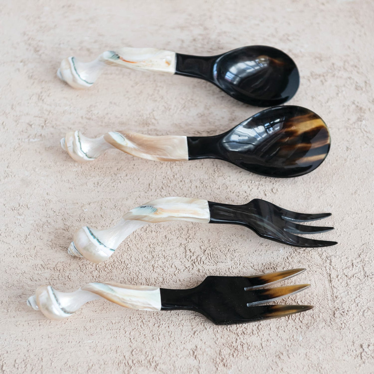 Natural Horn Servers with Shell Handles, Set of 2 (Each One Will Vary)