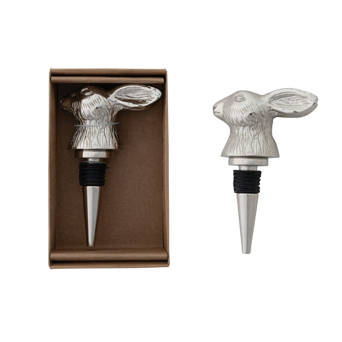 Nickel Finish Cast Aluminum Rabbit Head Bottle Stopper in Kraft Box