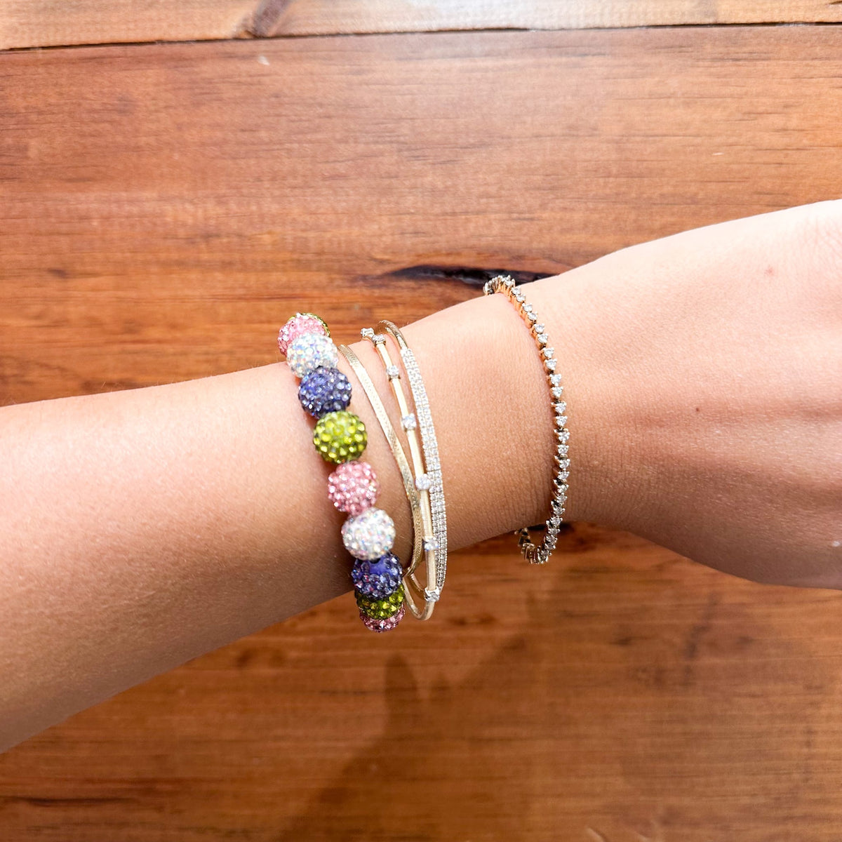 Olive Green, Purple, White Crystal & Pink Rhinestone Bracelet