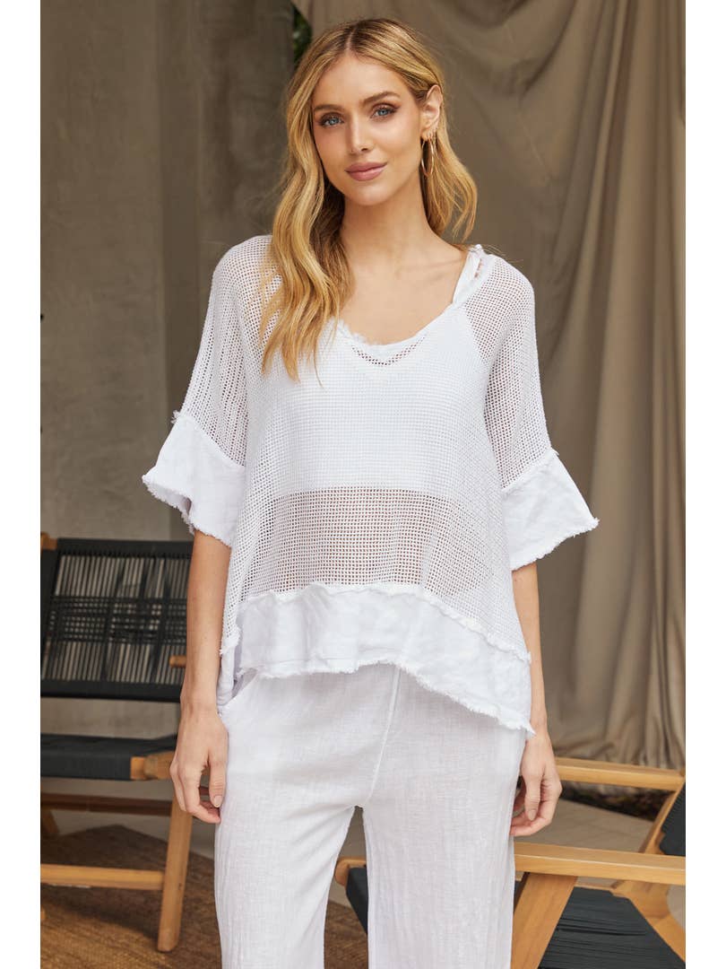 Open Weave Mesh V-Neck Short Sleeve Top with Raw Edge Hem