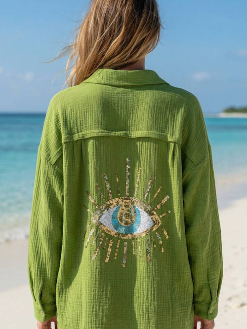 Oversized Sequin Eye Cotton Gauze Cover Up in Olive