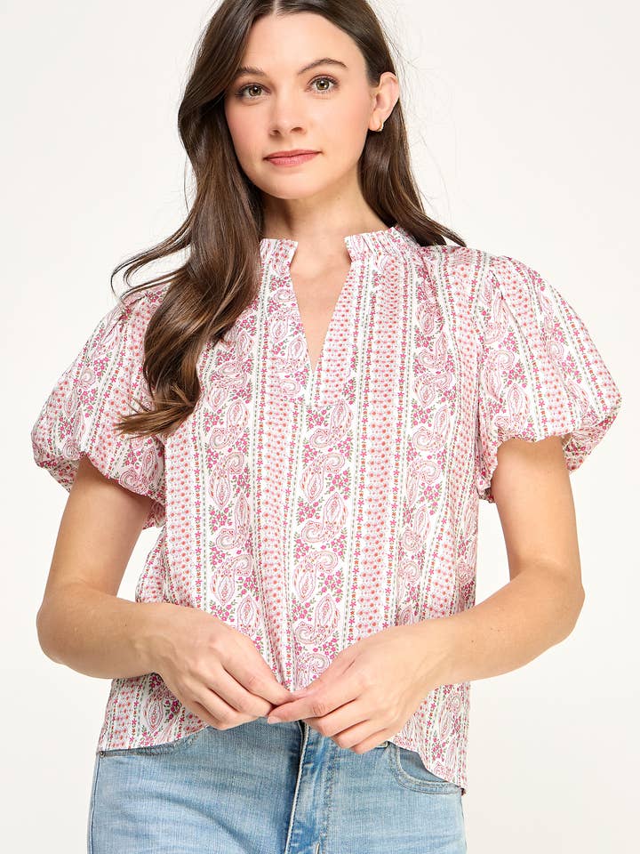 Paisley Print Puff Sleeve Top