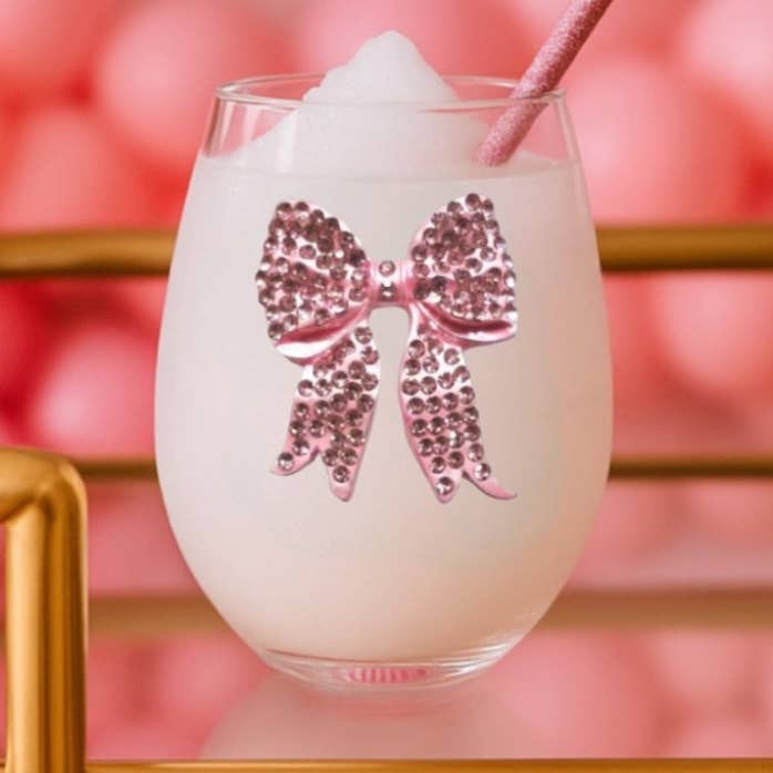 Pink Bow Stemless Wine Glass