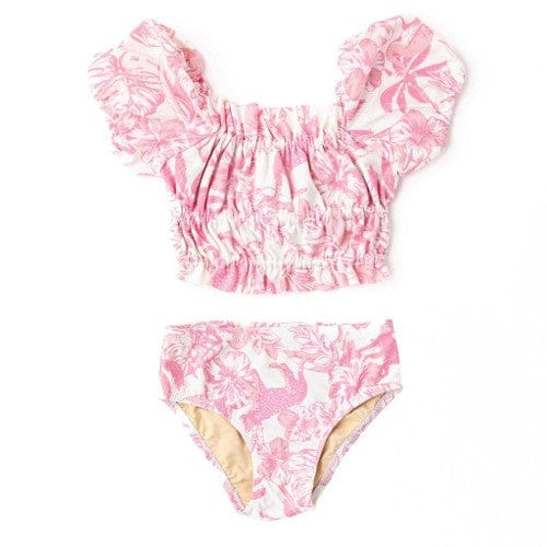 Pink Paradise Smocked Puff Sleeve 2pc Swimsuit
