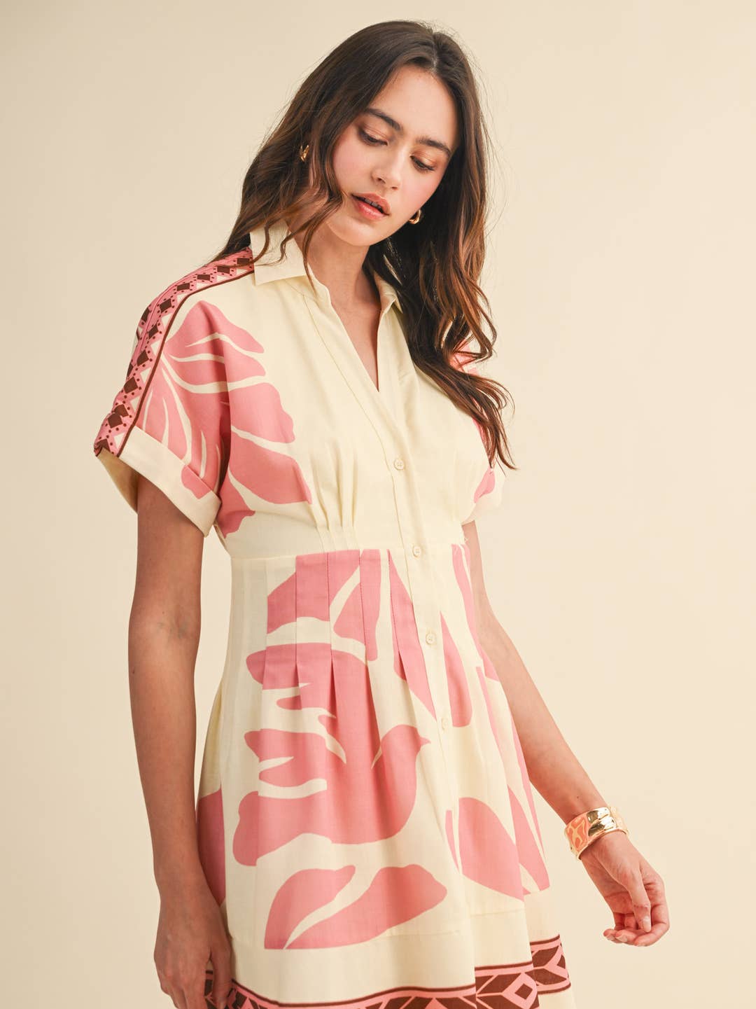 pleated button print dress Tropical Waist Button-Down Mini Color:pearl grey bengaline up front adds classic flow-sp25-2 Suninheart Black Strapless Corset