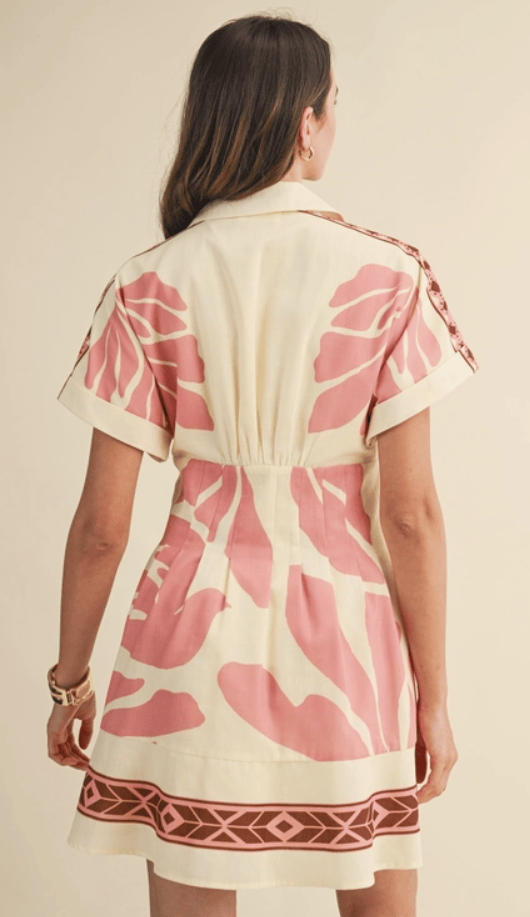 Pleated Waist Tropical Print Button Down Mini Dress