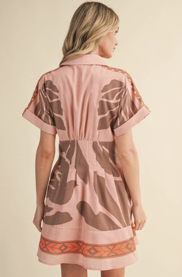 Pleated Waist Tropical Print Button Down Mini Dress