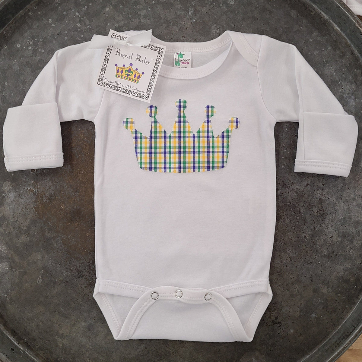 Created by Carol LLC Created by Carol Mardi Gras Plaid Crown Long Sleeve Onesie - Little Miss Muffin Children & Home