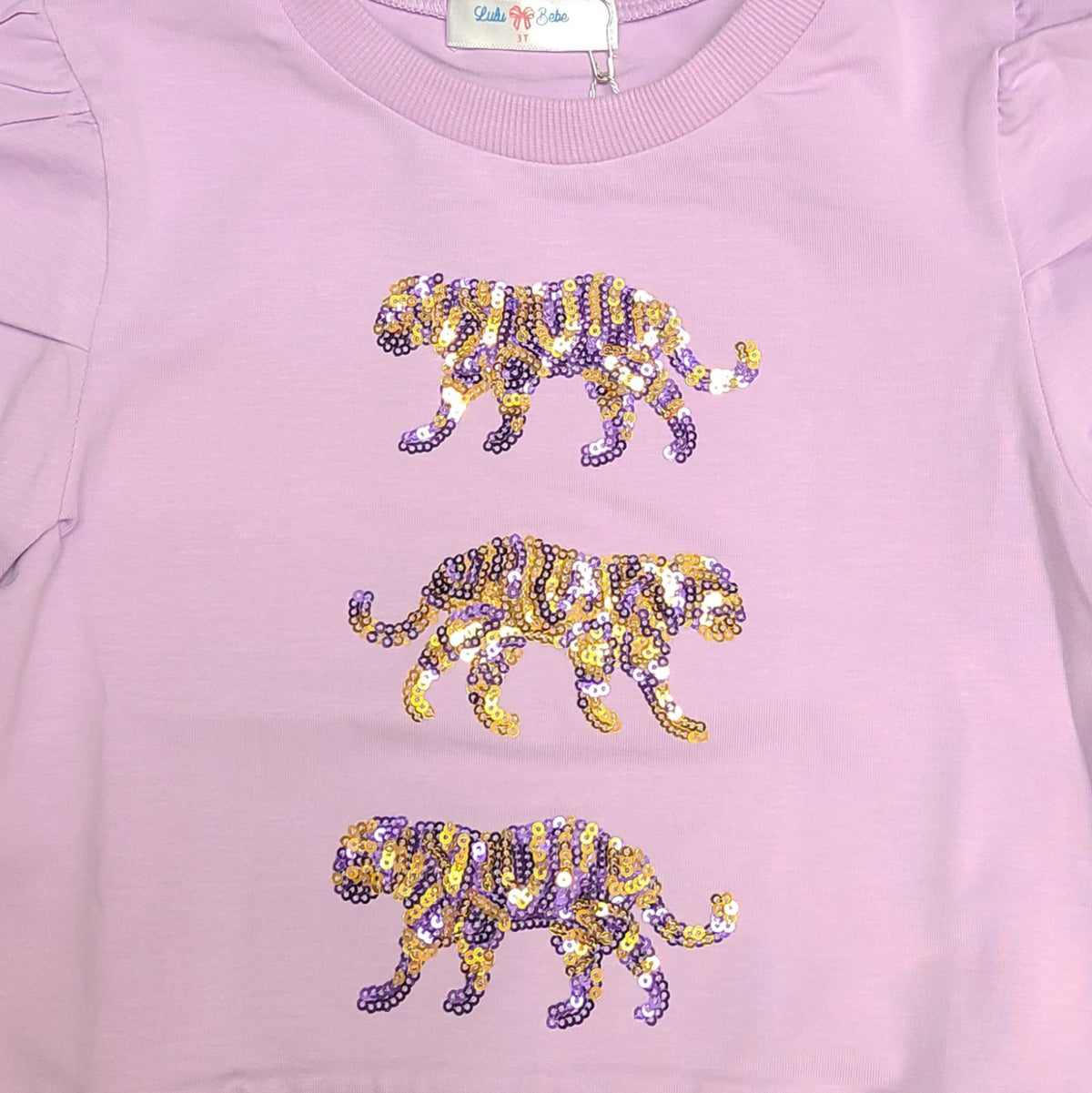 Lulu Bebe Lily Sequin Tiger Short Sleeve Lavender Top - Little Miss Muffin Children & Home