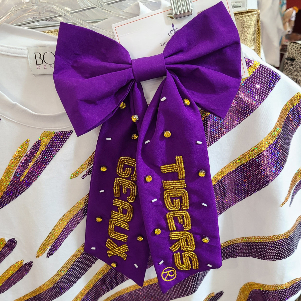 Bomb Designs LSU Geaux Tigers (Licensed By LSU) Beaded Hair Bow Purple - Little Miss Muffin Children & Home